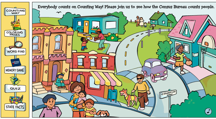 Screenshot of the Counting way kids website. Image shows a bisy street with shops and a person walking with a guide dog. The menu is shaped like a street sign.