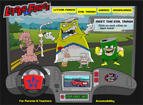 Image of the Don't Mess with Texas homepage for children. Site shows several characters in a windshield car dashboard interface.