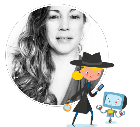 Black and white headshot of Thea Elizabeth with an inset illustration of agent 508 with her robot.