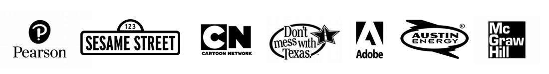 Banner with company logos, from left to right: Pearson, Sesame Worshop, Cartoon Network, Don't Mess with Texas, Adobe, Austin Energy, Mc Graw Hill