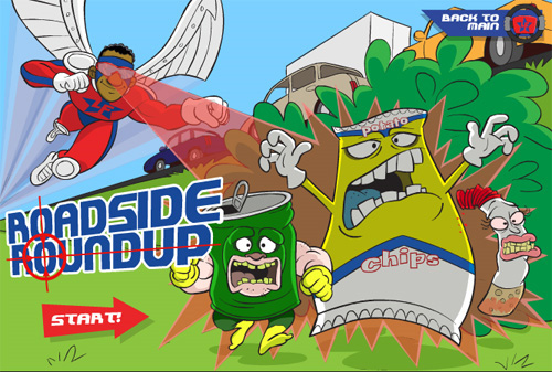 Image of the game 'Roadside Roundup' with one of the flying superheroes with laswerbeam eyes shooting at a packet of chips and a soda can character.