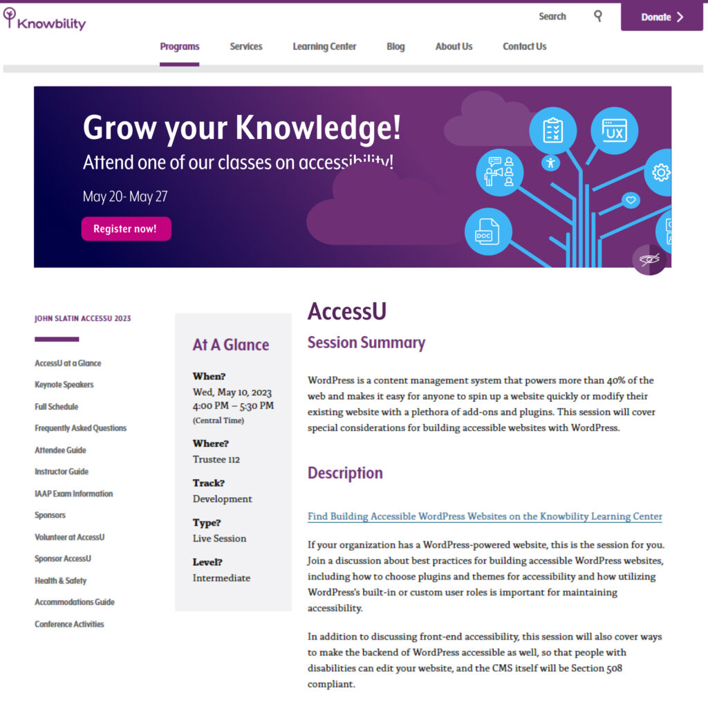 Scnreeshot of the Knowbility website for AccessU with the course track tree banner.