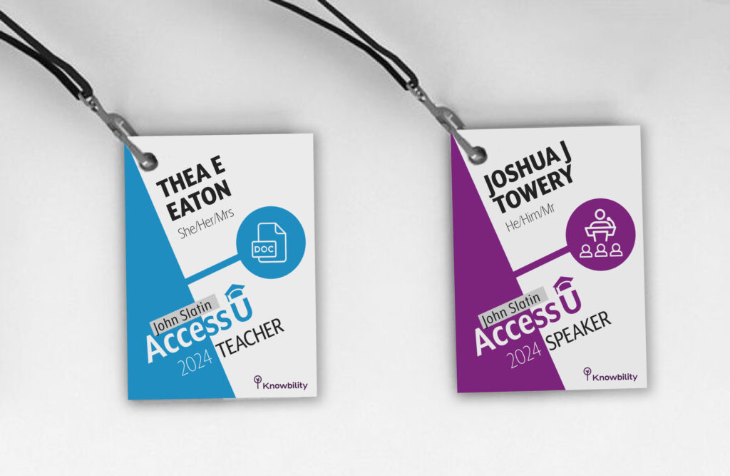 Photo of conference badges with the accessu graphics and color scheme. 