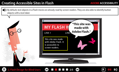 Screenshot of the presentation for accessible Flash presentations, showing a screen with links that are highlighted by a focus rectangle.