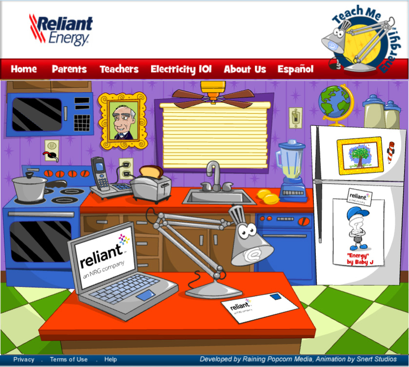 Home page of the Reliant kids website showing a kitchen with a lamp character shining on energy bills on a table.