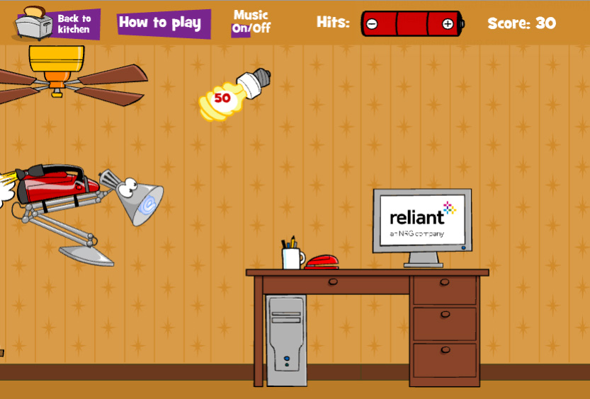 Screenshot of the Keep it Cool game screen, showing the lamp character with a jet pack zooming through a living room. 