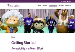 Top of a website of the Knowbility Giving pages, showing a photo with several characters in costume at an accessibility event.