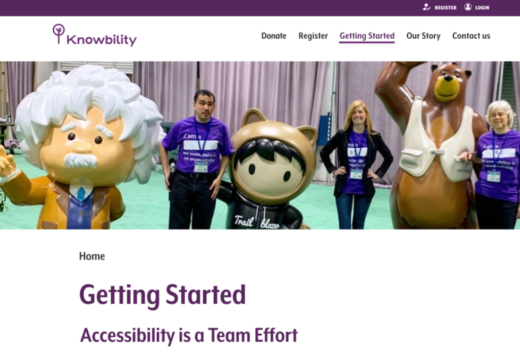 Top of a website of the Knowbility Giving pages, showing a photo with several characters in costume at an accessibility event.