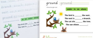 Image showing two worksheets of the Garden Primary font, with an example of a bird in a nest and several fill in the blank exercises.